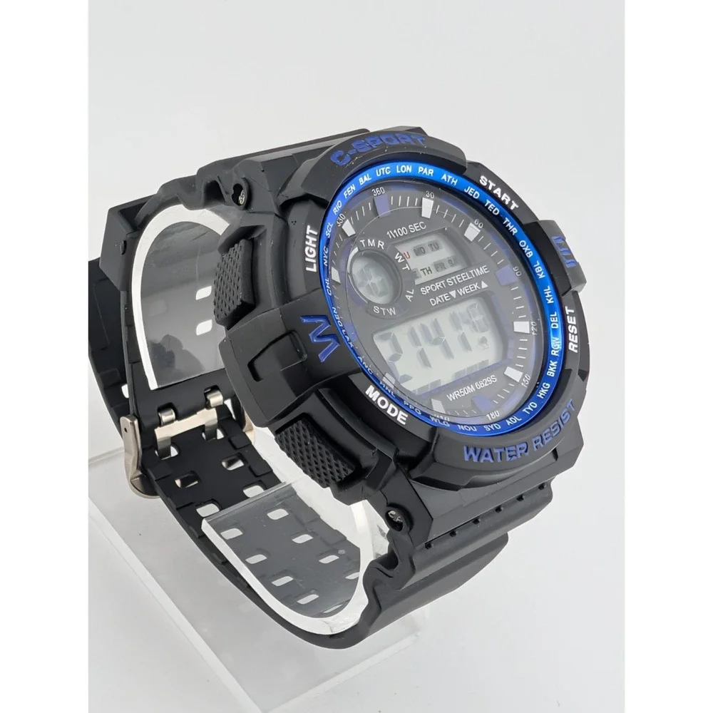 C-Sport Men's Digital Sport 56mm Case Black Resin Band Backlight- New Battery